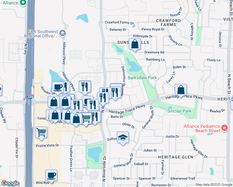 map of restaurants, bars, coffee shops, grocery stores, and more near 9648 Hathman Lane in Fort Worth