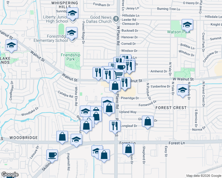 map of restaurants, bars, coffee shops, grocery stores, and more near 12365 Plano Road in Dallas