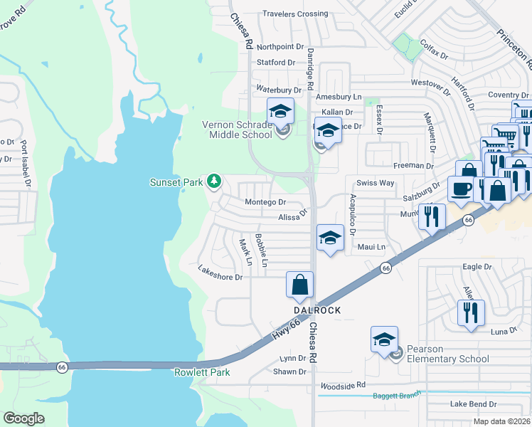 map of restaurants, bars, coffee shops, grocery stores, and more near 7105 Alissa Drive in Rowlett