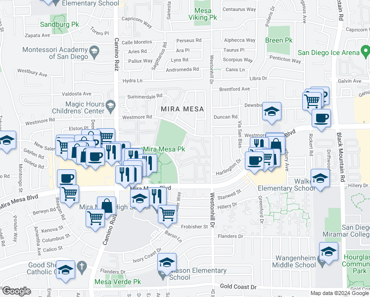 map of restaurants, bars, coffee shops, grocery stores, and more near 8580-16 New Salem Street in San Diego