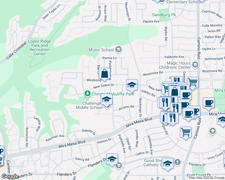 map of restaurants, bars, coffee shops, grocery stores, and more near 7731 New Salem Street in San Diego