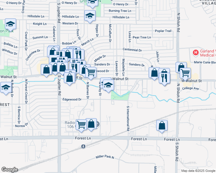 map of restaurants, bars, coffee shops, grocery stores, and more near 3110 West Walnut Street in Garland