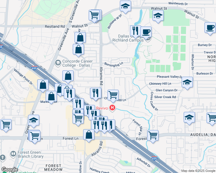 map of restaurants, bars, coffee shops, grocery stores, and more near 2 Abrams Road in Dallas