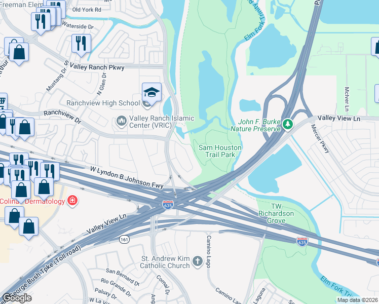 map of restaurants, bars, coffee shops, grocery stores, and more near 7910 Renderbrook Bend in Irving