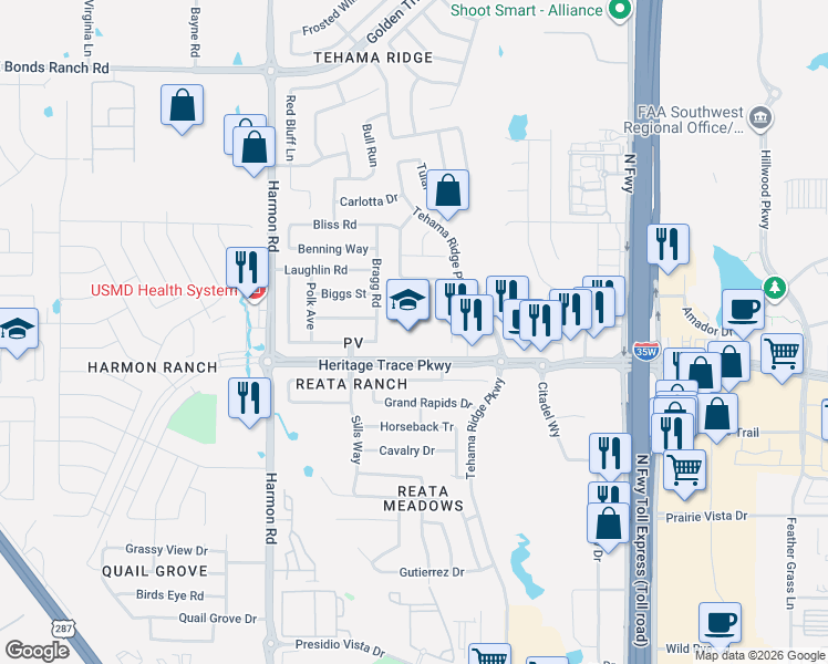 map of restaurants, bars, coffee shops, grocery stores, and more near 2301 Heritage Trace Parkway in Fort Worth