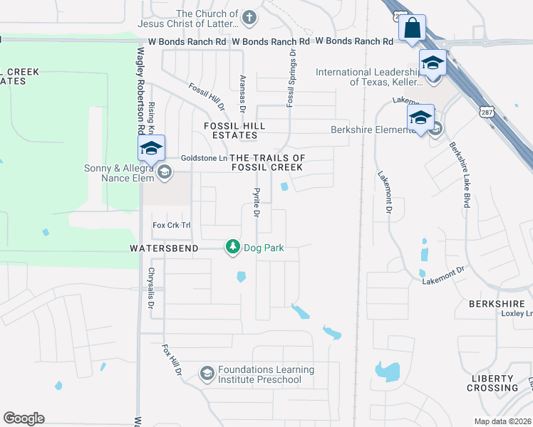 map of restaurants, bars, coffee shops, grocery stores, and more near 10253 Pyrite Drive in Fort Worth