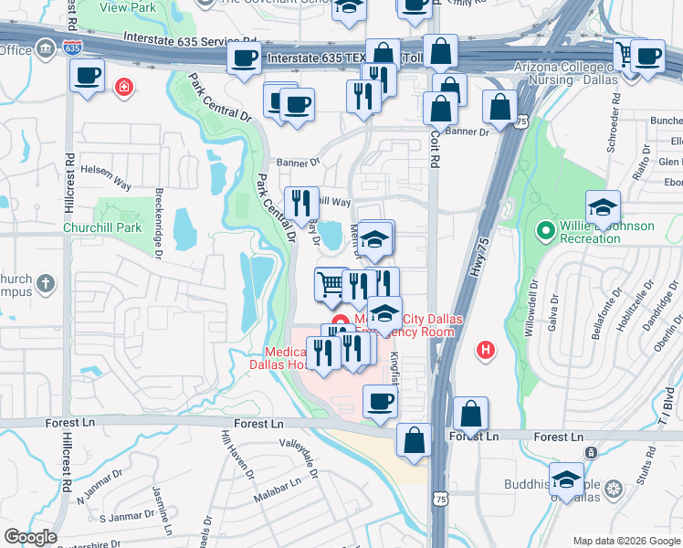 map of restaurants, bars, coffee shops, grocery stores, and more near 12377 Merit Drive in Dallas