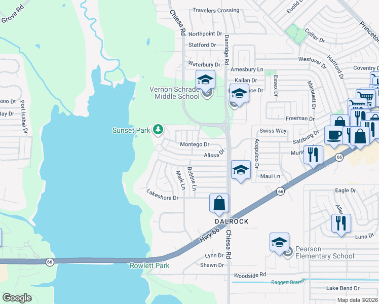 map of restaurants, bars, coffee shops, grocery stores, and more near 7110 Montego Drive in Rowlett