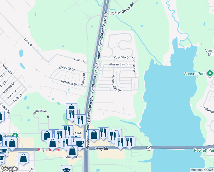 map of restaurants, bars, coffee shops, grocery stores, and more near 5109 Matagorda Bay Court in Rowlett