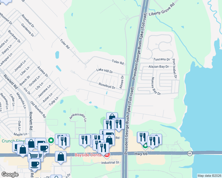 map of restaurants, bars, coffee shops, grocery stores, and more near 6301 Virginia Court in Rowlett