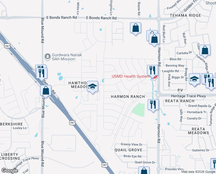 map of restaurants, bars, coffee shops, grocery stores, and more near 1301 Spanish Needle Trail in Fort Worth