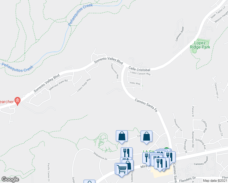 map of restaurants, bars, coffee shops, grocery stores, and more near 6650 Canopy Ridge Lane in San Diego