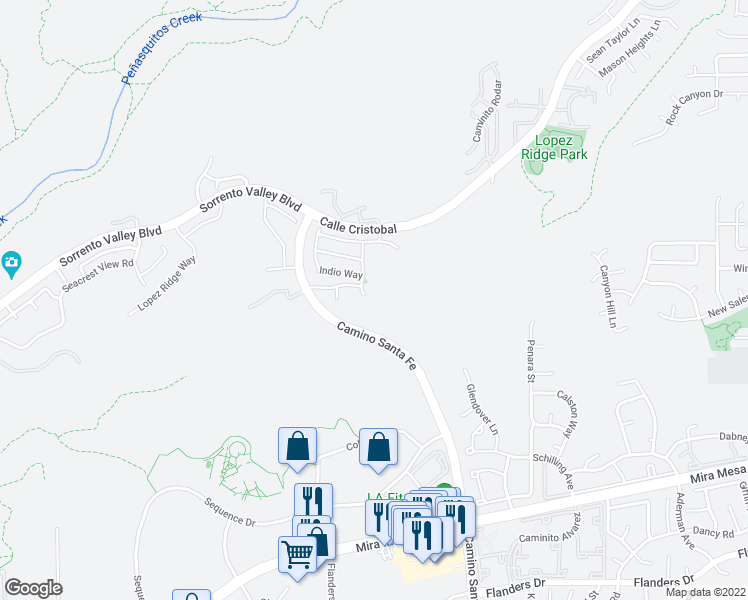 map of restaurants, bars, coffee shops, grocery stores, and more near 10951 Vista Santa Fe Lane in San Diego