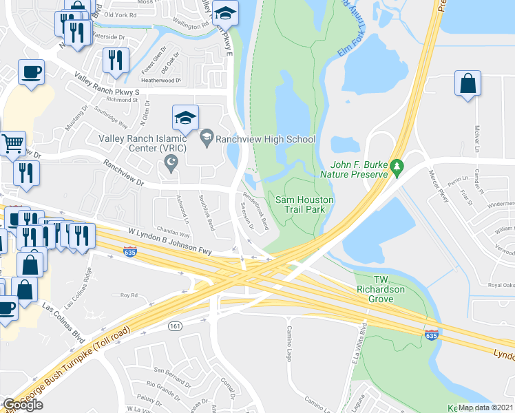 map of restaurants, bars, coffee shops, grocery stores, and more near 7910 Renderbrook Bend in Irving