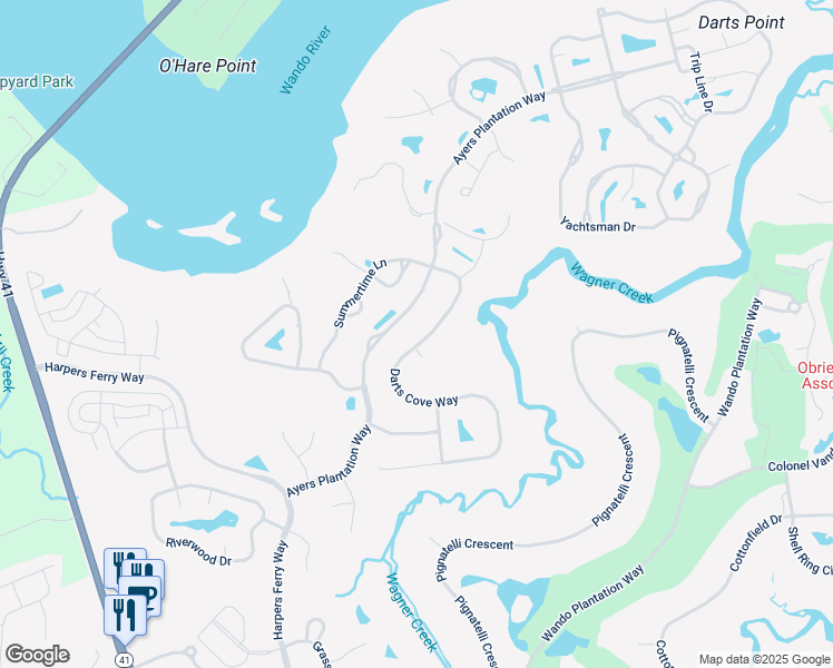 map of restaurants, bars, coffee shops, grocery stores, and more near 2445 Darts Cove Way in Mount Pleasant