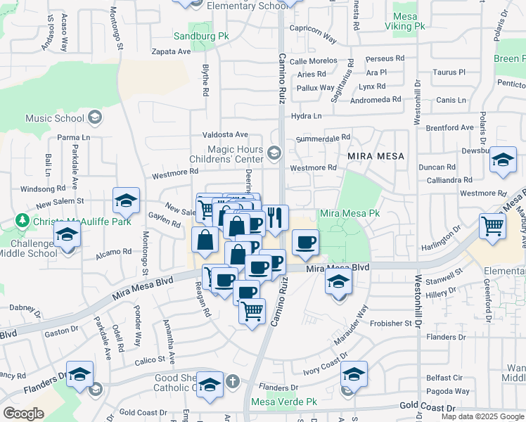 map of restaurants, bars, coffee shops, grocery stores, and more near Mira Mesa Shopping Center in San Diego