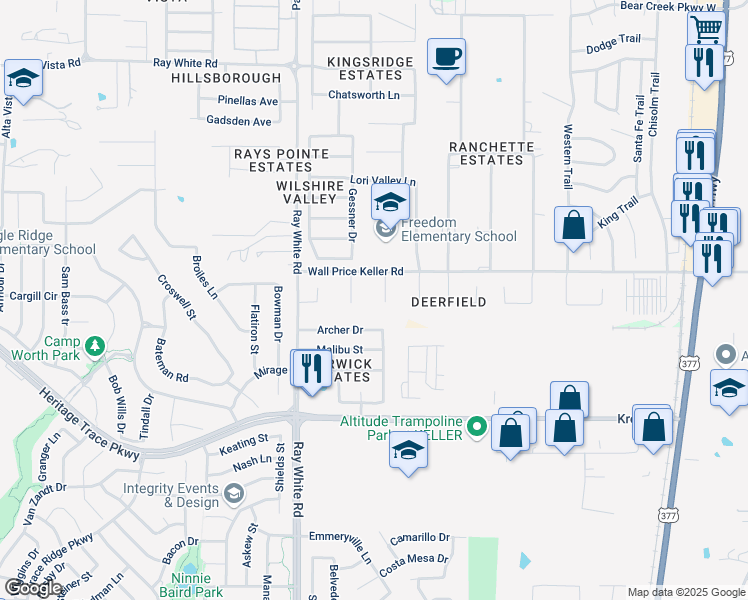 map of restaurants, bars, coffee shops, grocery stores, and more near 9713 Indian Court in Fort Worth