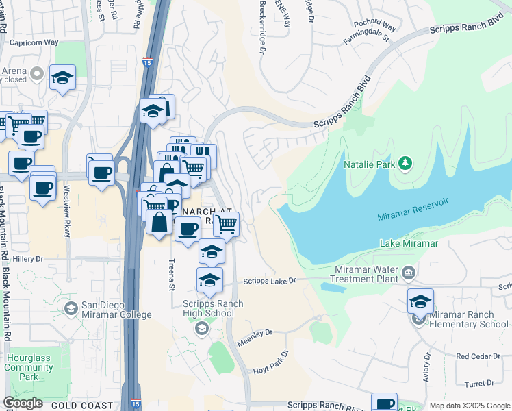 map of restaurants, bars, coffee shops, grocery stores, and more near 10845 Scripps Ranch Boulevard in San Diego