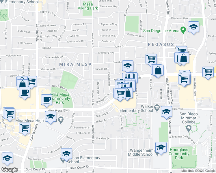 map of restaurants, bars, coffee shops, grocery stores, and more near 10866 Via San Blas in San Diego