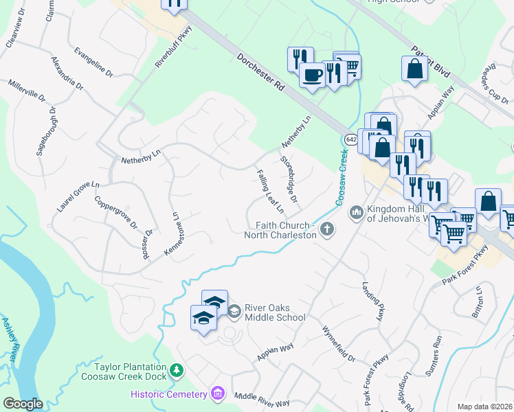map of restaurants, bars, coffee shops, grocery stores, and more near 5406 Woodbreeze Drive in North Charleston