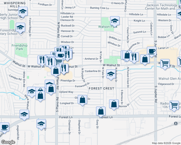 map of restaurants, bars, coffee shops, grocery stores, and more near 4105 Timberline Drive in Garland
