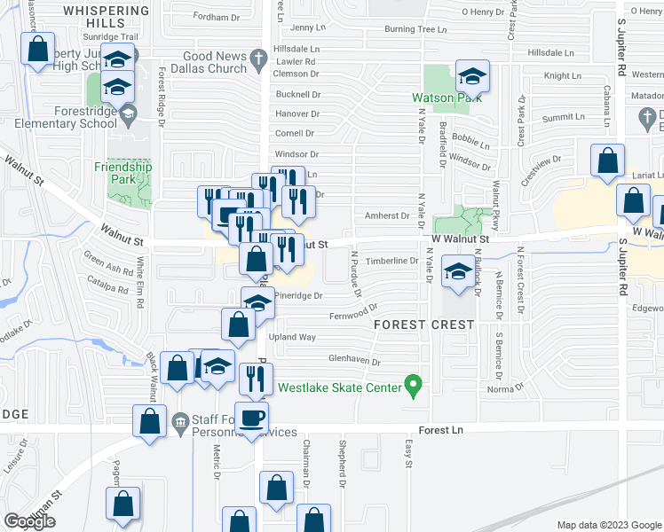 map of restaurants, bars, coffee shops, grocery stores, and more near 4328 West Walnut Street in Garland