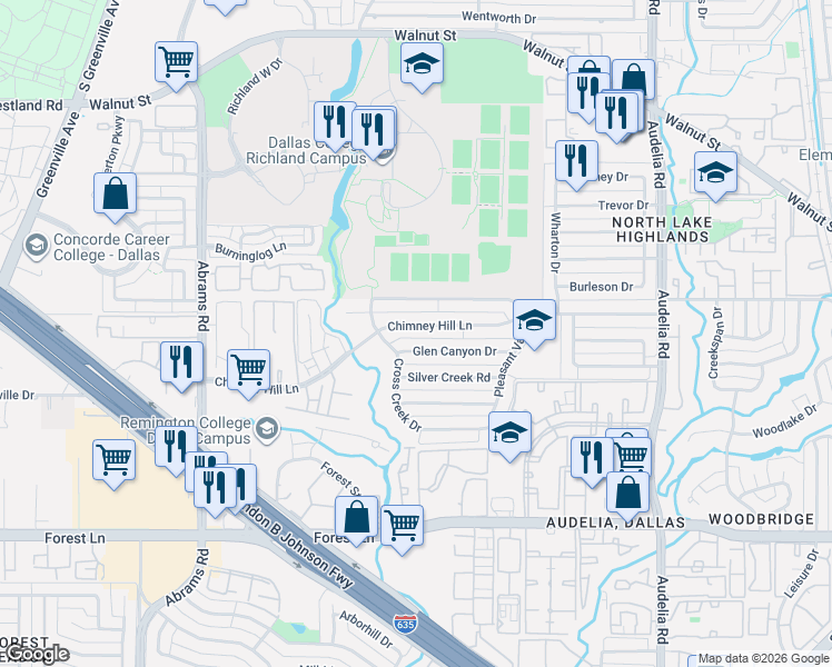 map of restaurants, bars, coffee shops, grocery stores, and more near 9919 Chimney Hill Lane in Dallas