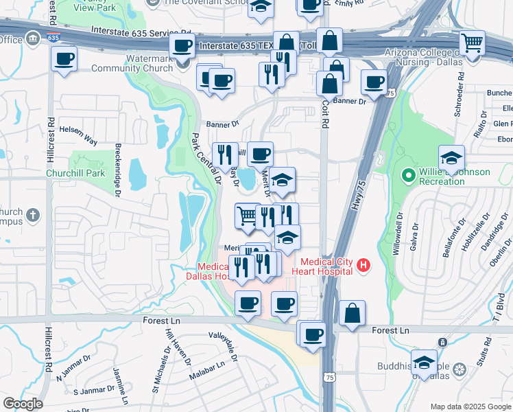 map of restaurants, bars, coffee shops, grocery stores, and more near 12377 Merit Drive in Dallas