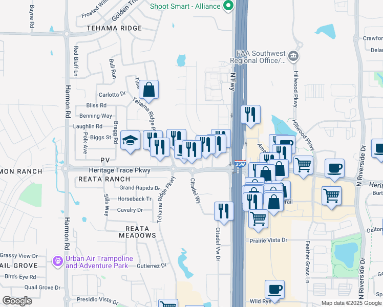 map of restaurants, bars, coffee shops, grocery stores, and more near 9649 Calaveras Road in Fort Worth