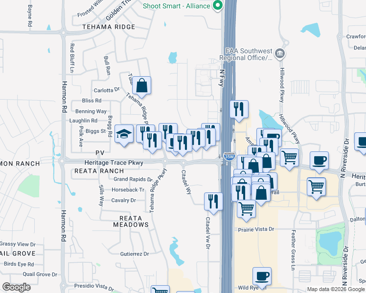 map of restaurants, bars, coffee shops, grocery stores, and more near 9649 Calaveras Road in Fort Worth