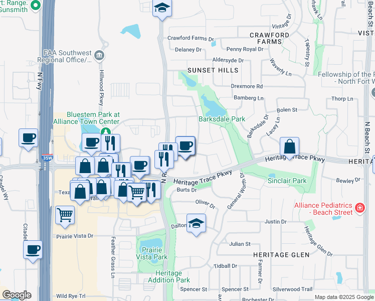 map of restaurants, bars, coffee shops, grocery stores, and more near 9652 Hathman Lane in Fort Worth