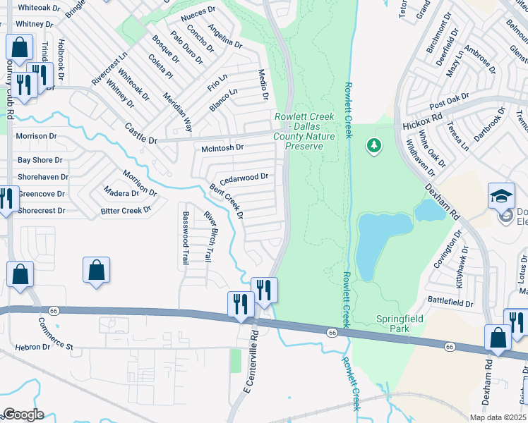 map of restaurants, bars, coffee shops, grocery stores, and more near 2306 Saint Albens Place in Garland