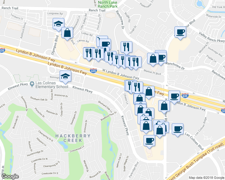 map of restaurants, bars, coffee shops, grocery stores, and more near 15 Liverpool Lane in Irving