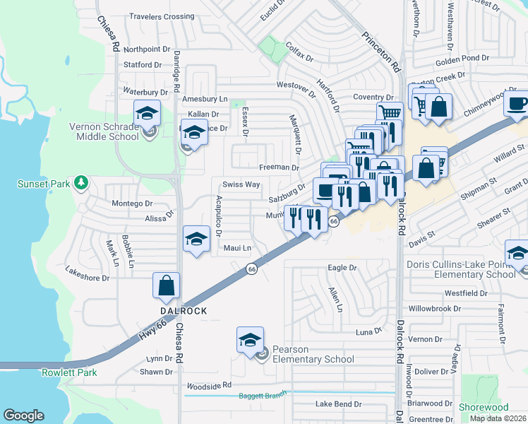 map of restaurants, bars, coffee shops, grocery stores, and more near 7810 Salzburg Drive in Rowlett