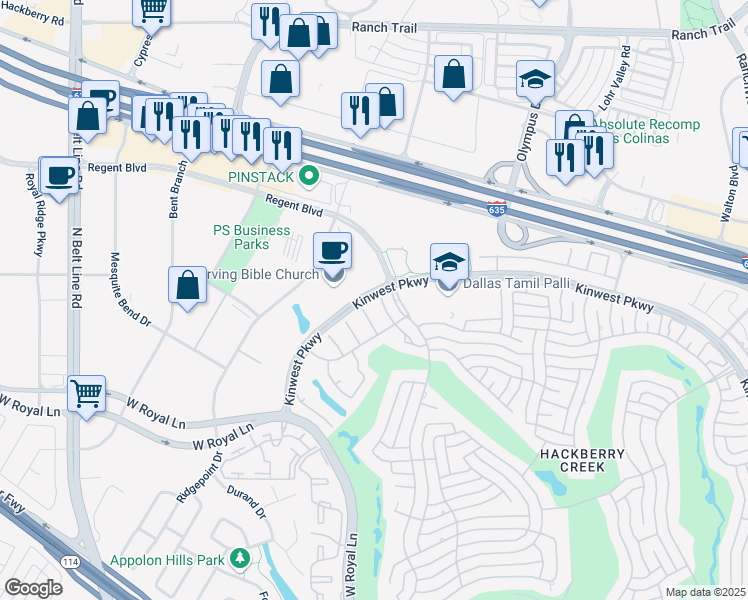 map of restaurants, bars, coffee shops, grocery stores, and more near 7715 Briarcrest Court in Irving