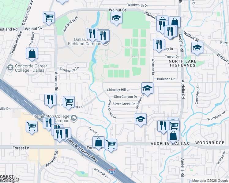 map of restaurants, bars, coffee shops, grocery stores, and more near 9919 Chimney Hill Lane in Dallas