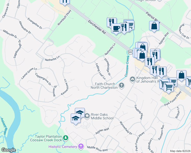 map of restaurants, bars, coffee shops, grocery stores, and more near 5406 Woodbreeze Drive in North Charleston