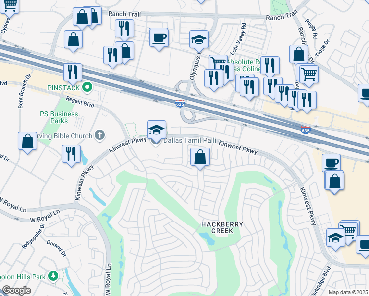 map of restaurants, bars, coffee shops, grocery stores, and more near 7729 Sumac Road in Irving
