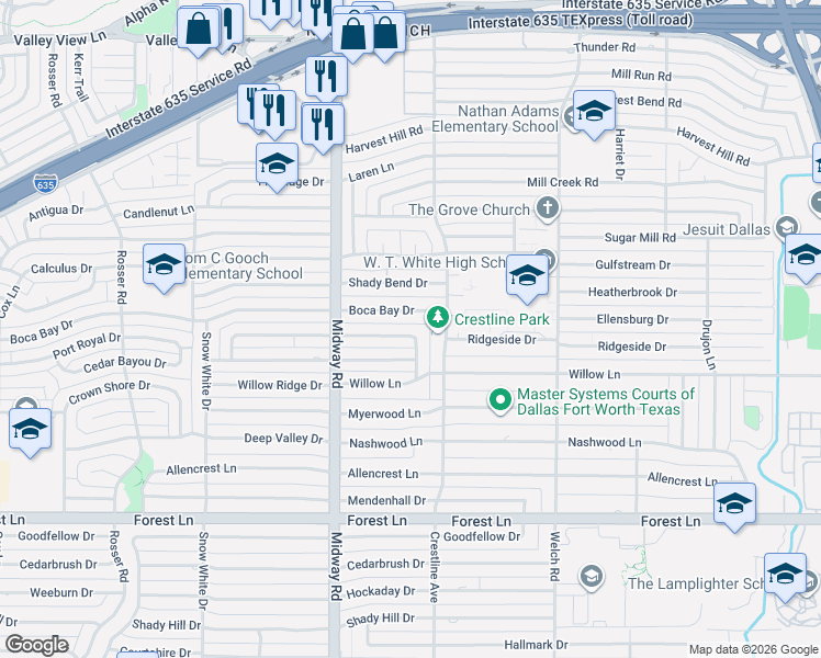 map of restaurants, bars, coffee shops, grocery stores, and more near 4366 Boca Bay Drive in Dallas