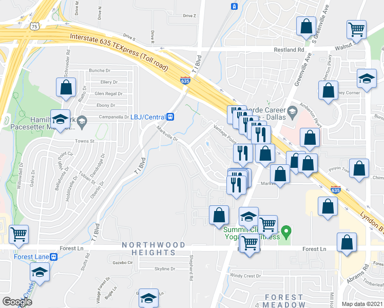 map of restaurants, bars, coffee shops, grocery stores, and more near 9006 Markville Drive in Dallas