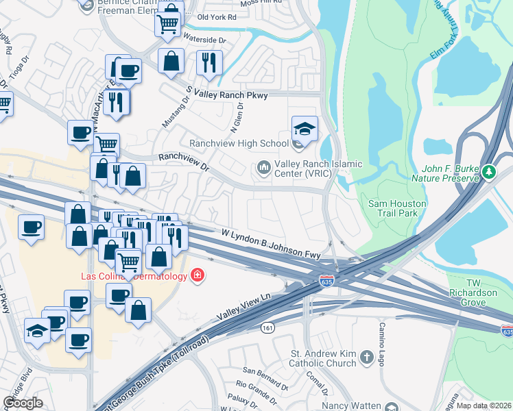 map of restaurants, bars, coffee shops, grocery stores, and more near 347 Birchwood Way in Irving