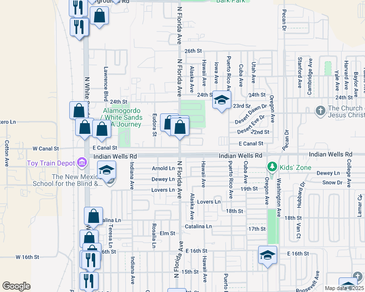 map of restaurants, bars, coffee shops, grocery stores, and more near 2123 North Florida Avenue in Alamogordo