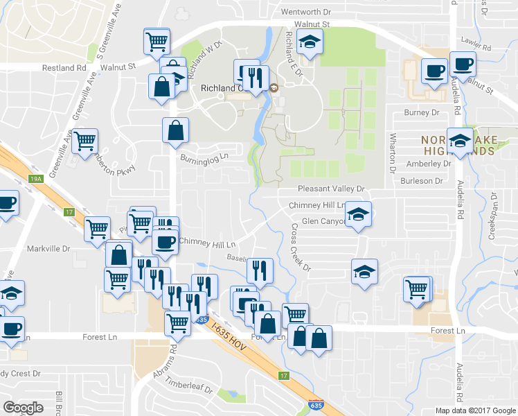 map of restaurants, bars, coffee shops, grocery stores, and more near 9755 Chimney Hill Lane in Dallas