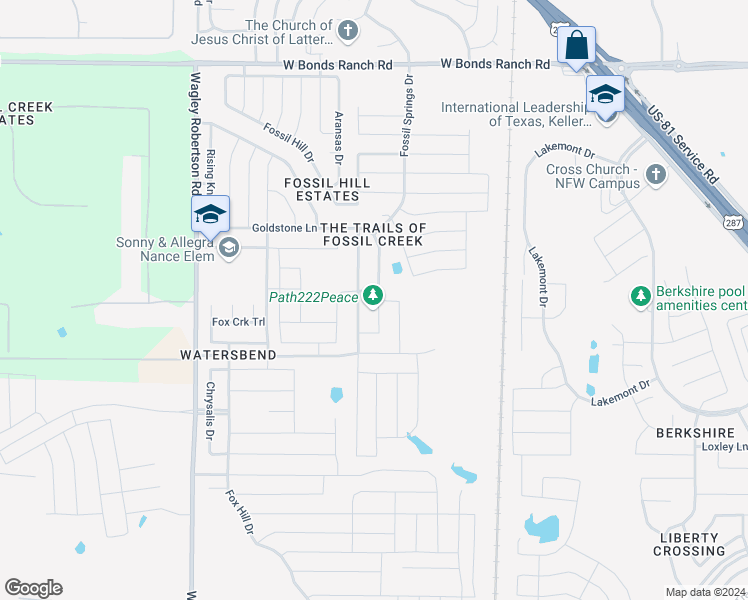 map of restaurants, bars, coffee shops, grocery stores, and more near 10229 Fossil Valley Drive in Fort Worth