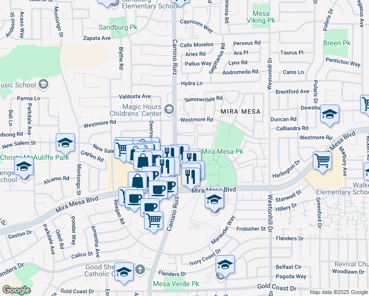 map of restaurants, bars, coffee shops, grocery stores, and more near 8418 New Salem Street in San Diego