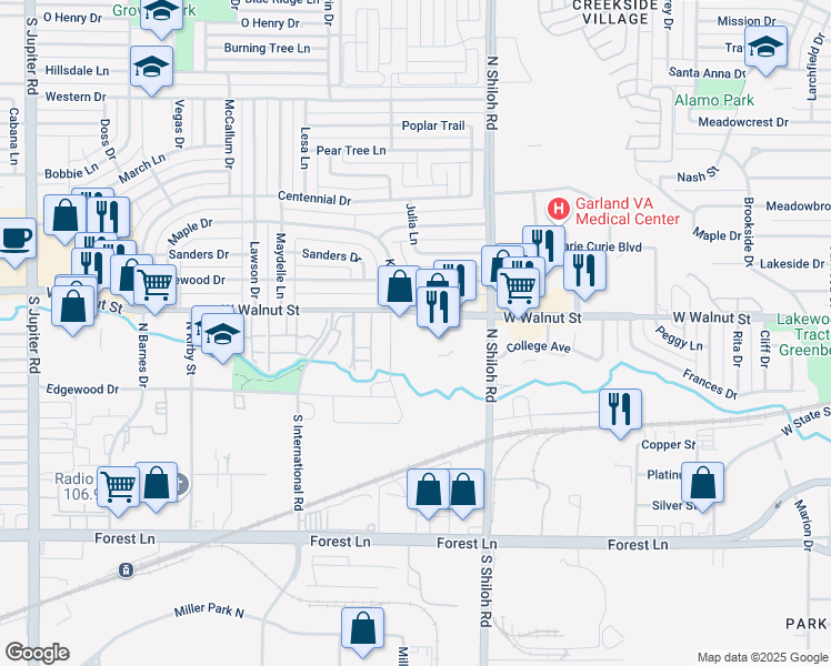 map of restaurants, bars, coffee shops, grocery stores, and more near 2602 West Walnut Street in Garland