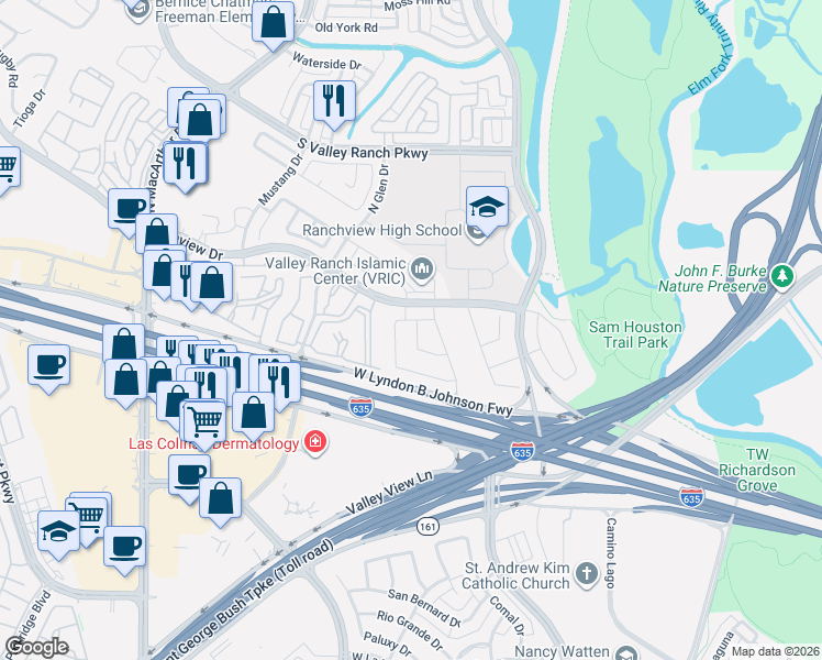 map of restaurants, bars, coffee shops, grocery stores, and more near 347 Birchwood Way in Irving