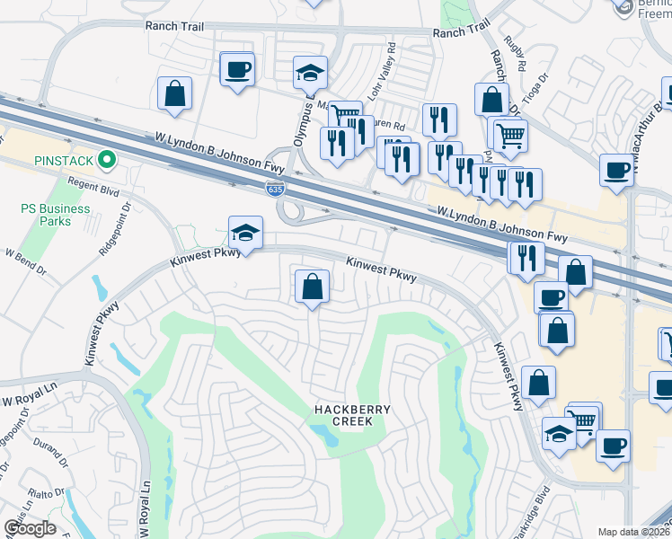 map of restaurants, bars, coffee shops, grocery stores, and more near 7730 Pine Street in Irving