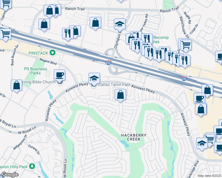 map of restaurants, bars, coffee shops, grocery stores, and more near 7729 Sumac Road in Irving