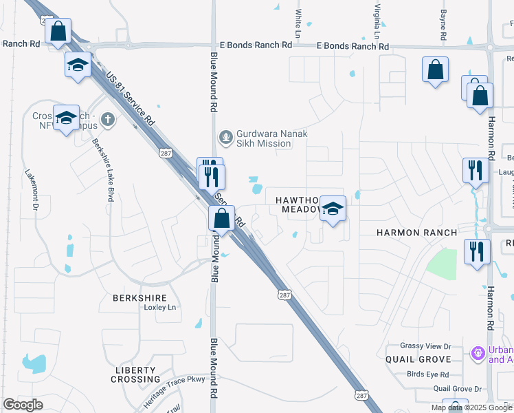map of restaurants, bars, coffee shops, grocery stores, and more near 900 Blooming Prairie Trail in Fort Worth